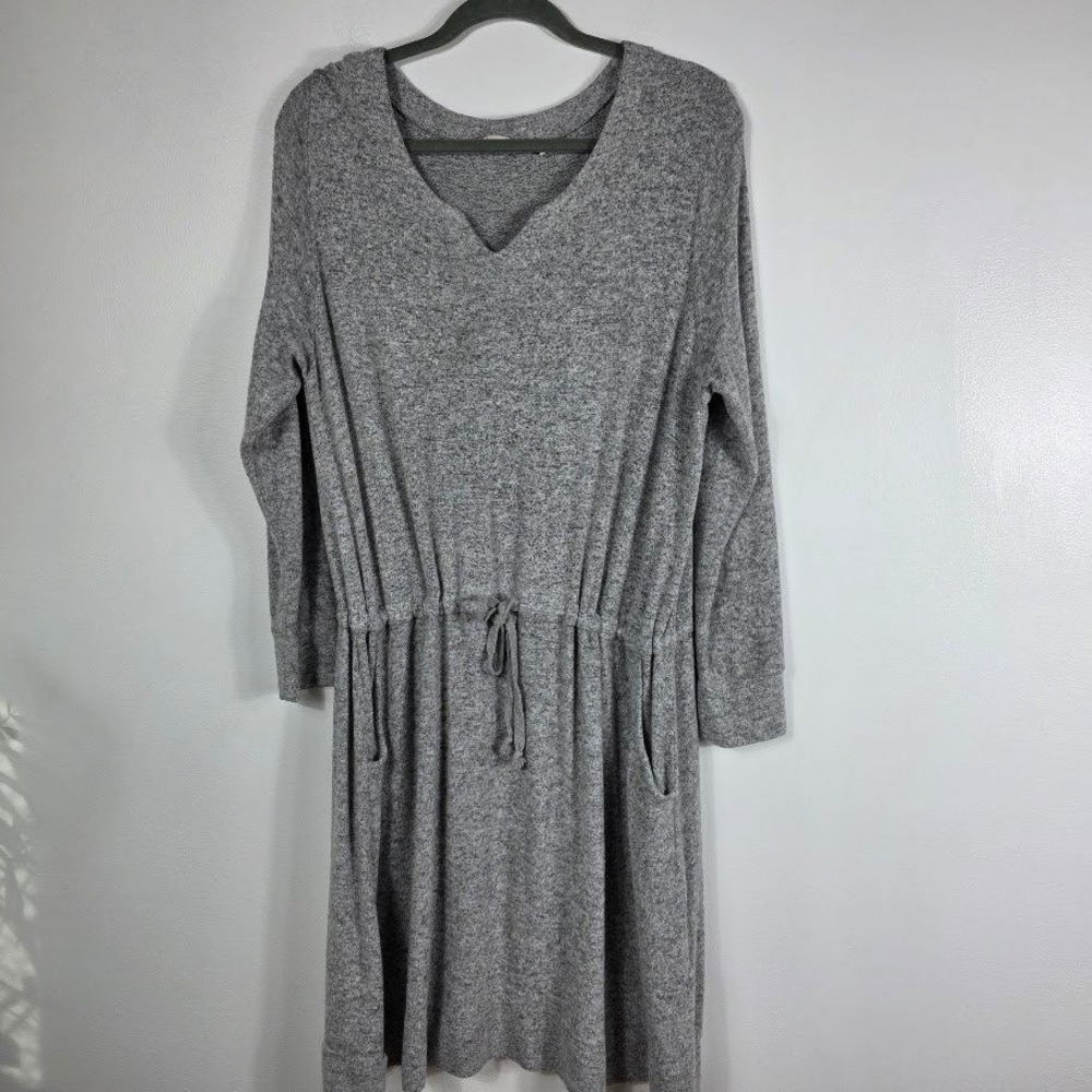 Soft Surroundings L Grey Marled V‎ Neck Long Sleeve Drawstring Waist Midi Dress